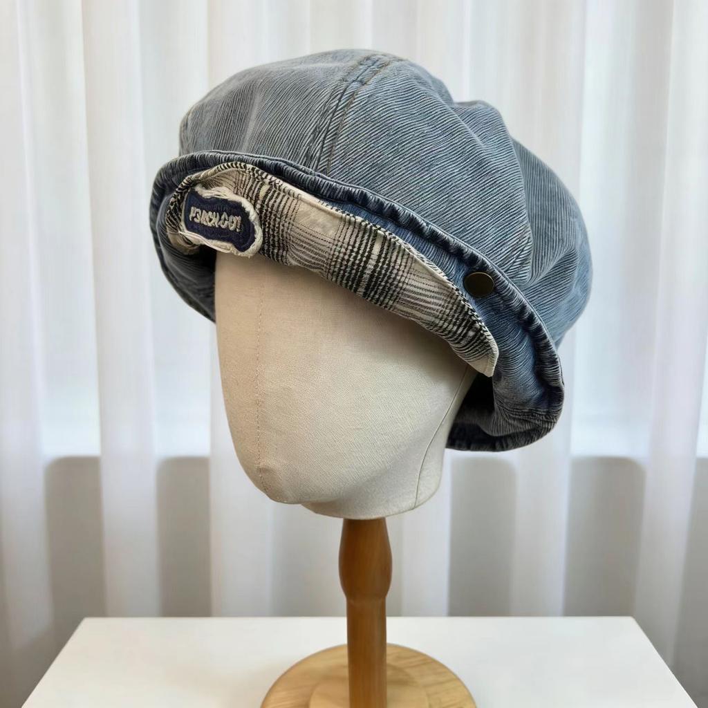 New denim cloud beret female cute big head circumference newsboy hat showing face small cloud octagonal painter hat