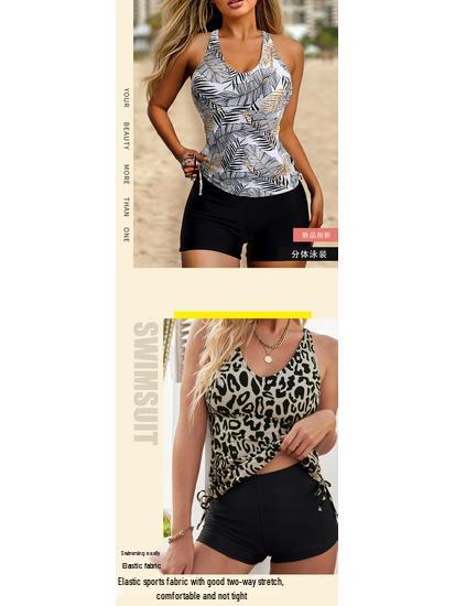 Women's Tropical Print Two-Piece Tankini Swimsuit: Conservative Slimming Design with Flat Leg Style
