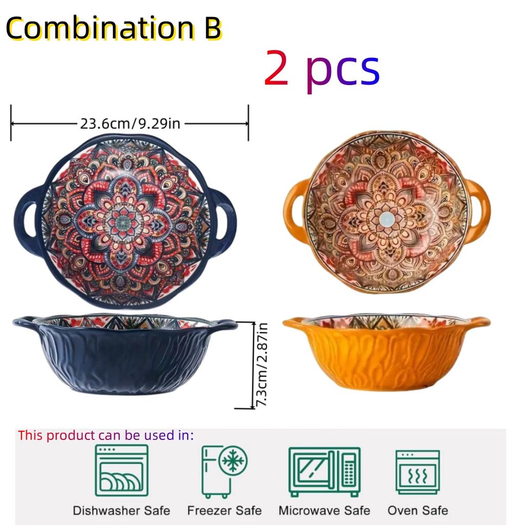 Керамическая суповая миска в богемном стиле с ручкой, безопасна для использования в микроволновой печи, рельефный дизайн. Отлично подходит для подачи супов, салатов и лапши рамэн.