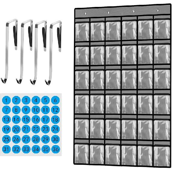 36 Pocket Charts for Classroom Cell Phones, 36 Clear Pocket Charts with Numbered Stickers, Classroom Hanging Cell Phone Organizer, Hangs on Wall,