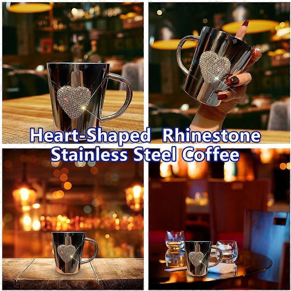 Heart-Shaped Crystal Rhinestone Stainless Steel Coffee Beer Mug with Handl