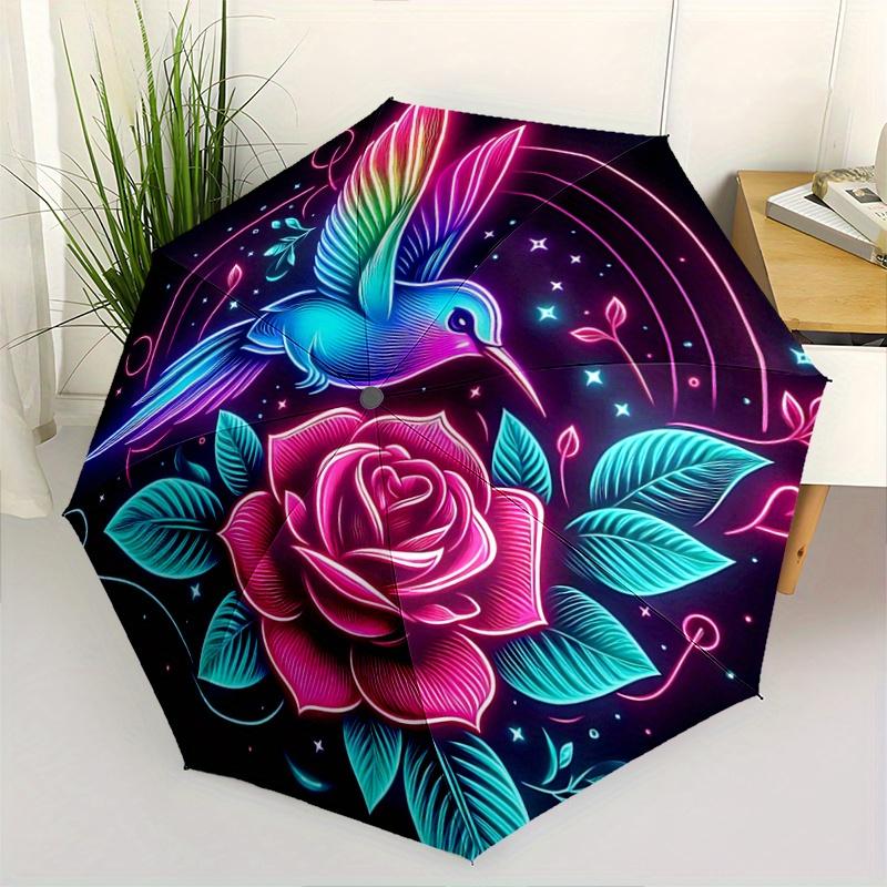 1pc Neon Hummingbird and Rose Automatic Opening and Closing Umbrella - Small Umbrella Suitable for Various Occasions A079