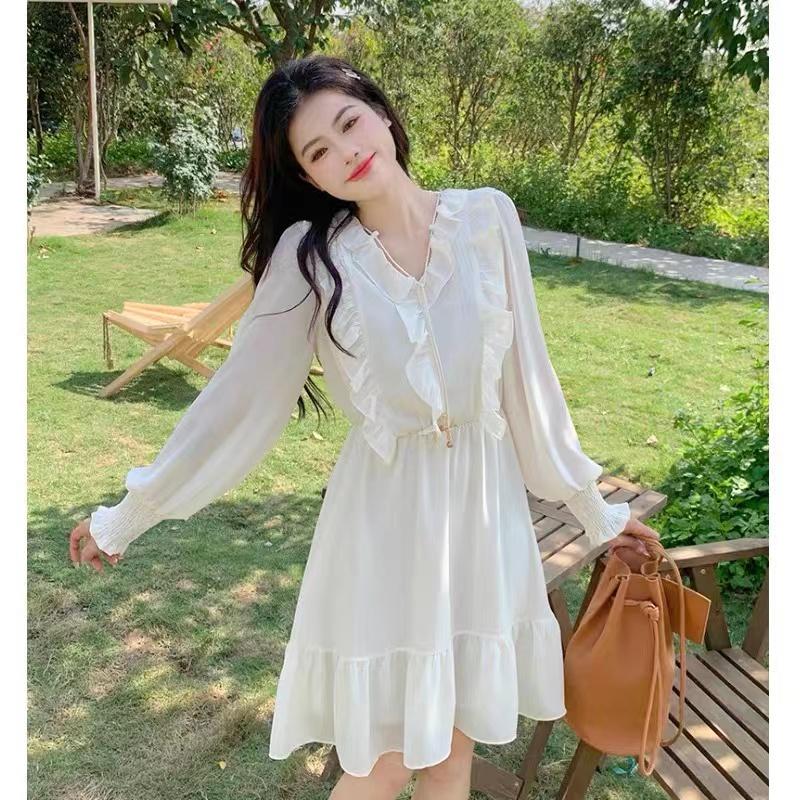 Милое женское элегантное платье с оборками, осеннее абрикосовое платье с рукавами-фонариками, женская винтажная цельная одежда, женское однотонное макси во французском стиле