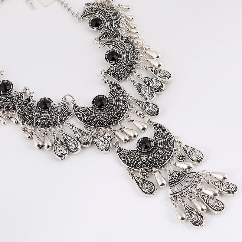 Винтажные этнические преувеличенные массивные ожерелья антикварного серебра, цветное резное ожерелье с кисточками и каплями воды для женщин, ювелирные изделия в стиле бохо