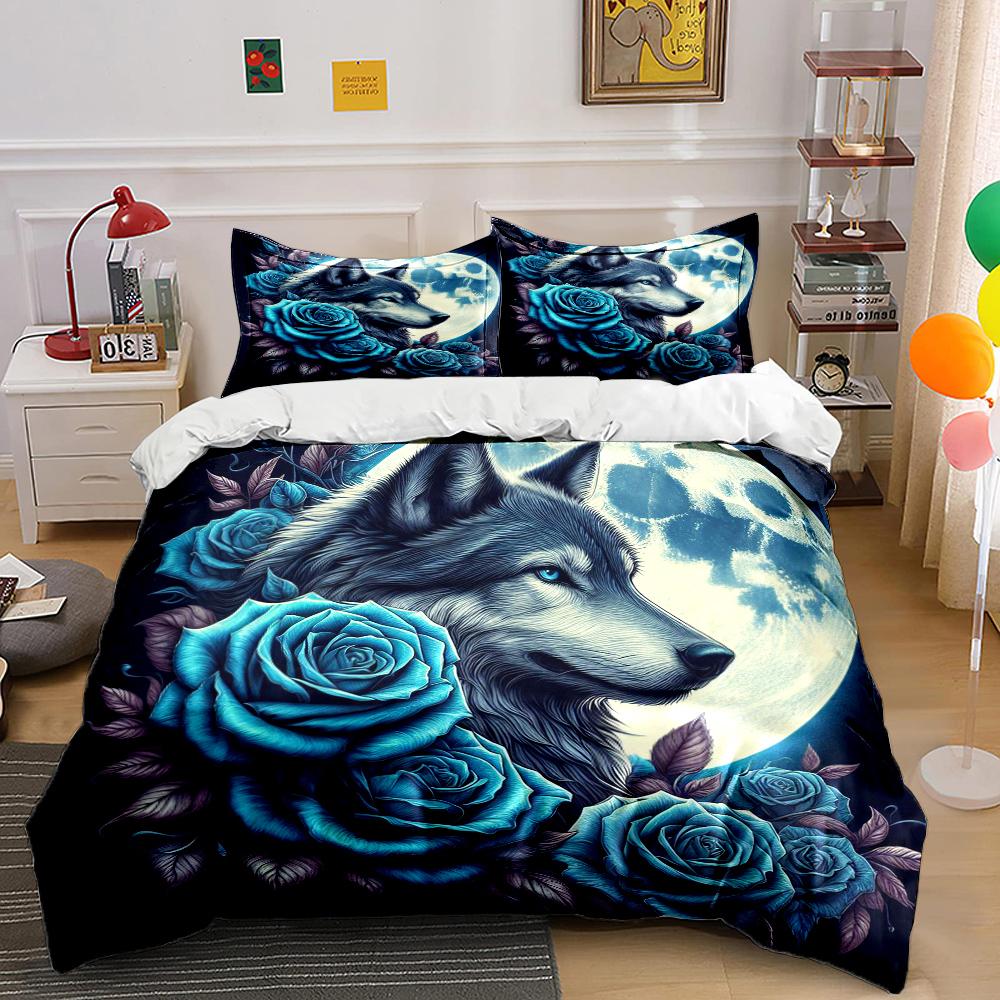 Wolf and Rose Print Bedding Set Sports Enthusiast Duvet Cover 1 Duvet Cover 2 Pillowcases Adult and Children Bedding Set Luxury