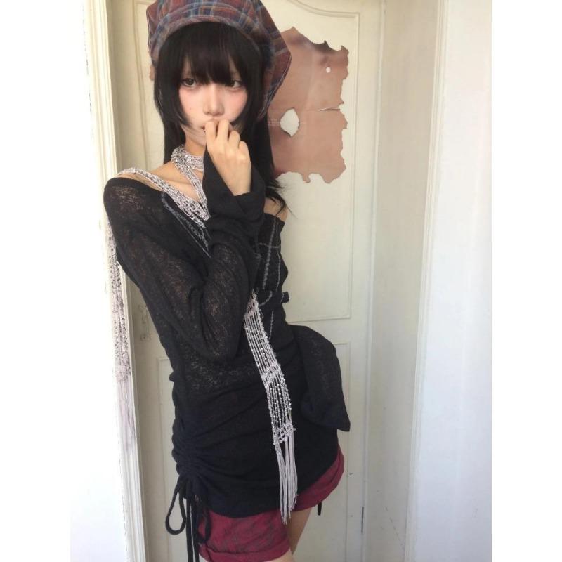 2KWEIRD Японские вязаные топы Y2k Гранж принт тату Футболка с длинным рукавом В рубчик Винтаж Харадзюку Трикотаж с присборками 2000-е Готика