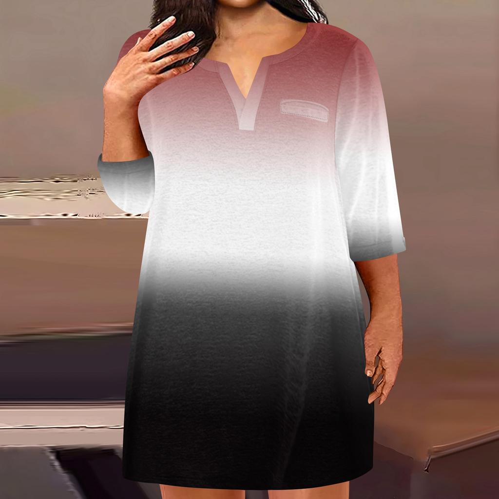 Women's Fashion Plus Size V-Neck Seven Sleeve Casual Printed Loose With Pockets Dresses