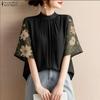Women Casual Round Neck Splice Half Sleeve Summer Blouse