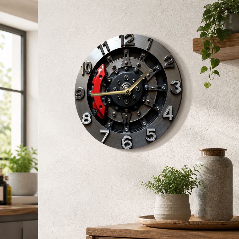 Wood Gear Wall Clock 2D Flat Print Gear Pattern Mechanical Theme Clock Retro Industrial Style Round Shape Round Wall Clock