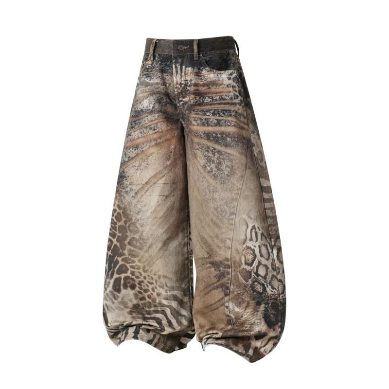 High-Waisted Wide Leg Denim Pants With Leopard Print Patchwork Streetwear Style Women Casual