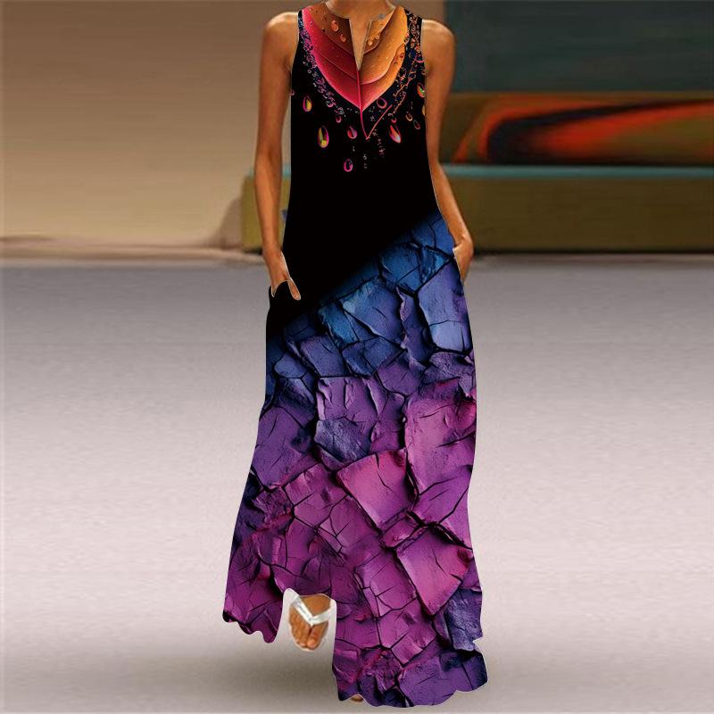2026 New Summer Women's Sleeveless V-Neck Printed Sexy Dress Long Dress European and American Women's Clothing