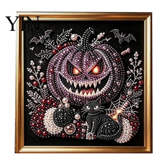 Gothic Style Wall Decor Faux Pearl Art Kit, 3D Dark Evil Pumpkin Painting Creative Holiday Presents for Craft Lovers Spooky Castle Halloween