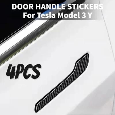 4 шт. Наклейка на дверную ручку автомобиля для Tesla Model 3 Y 2017 - 2024, наклейка на дверную пленку Model3, аксессуары для модели Y, углеродное волокно, ABS