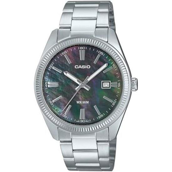 CASIO analog quartz mens wristwatch MTP-1302DS-1AV metal band silver black mother pearl dial overseas model
