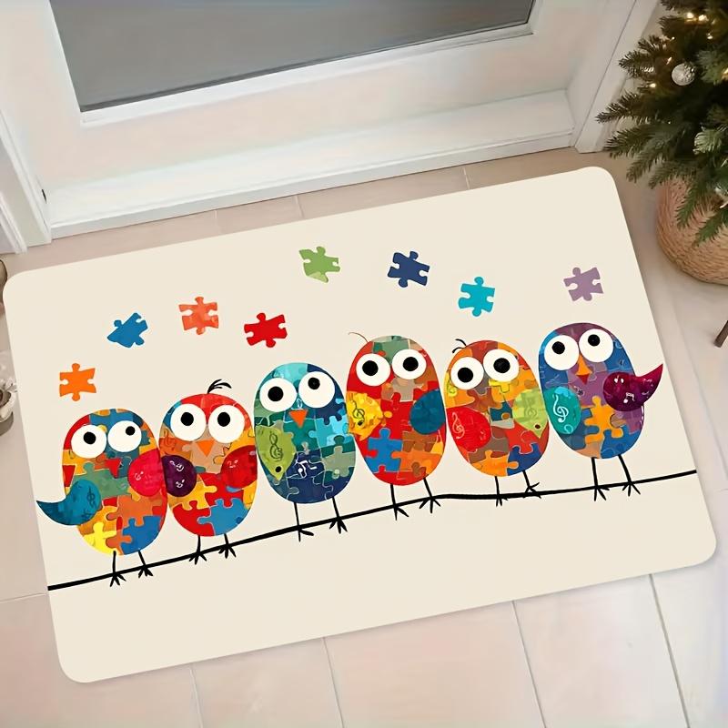 1pc Flannel Mat, Colorful Puzzle Bird with Musical Notes Pattern Welcome Door Mat, Absorbent And Non-Slip Floor Mat for Bedroom And Kitchen