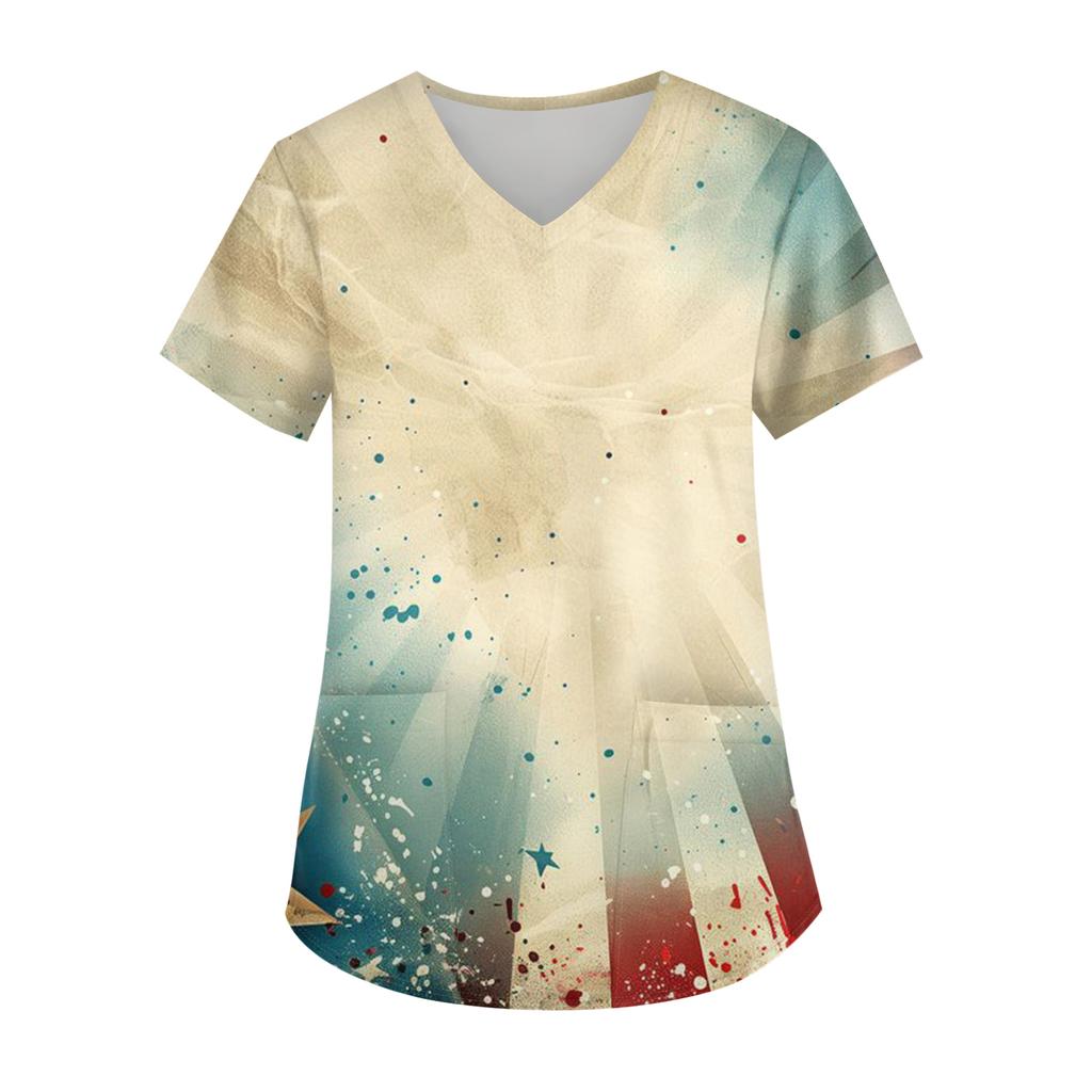 Женская модная футболка с принтом ко Дню Независимости, V-образным вырезом, карманом, короткими рукавами, униформа и топ для ухода
