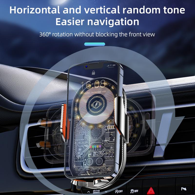 Автоматический зажим, автомобильный держатель с беспроводной зарядкой, 15 Вт, быстрое светодиодное зарядное устройство Qi, зарядное устройство для мобильного телефона, автомобильное крепление для Iphone14pro 14 13 12