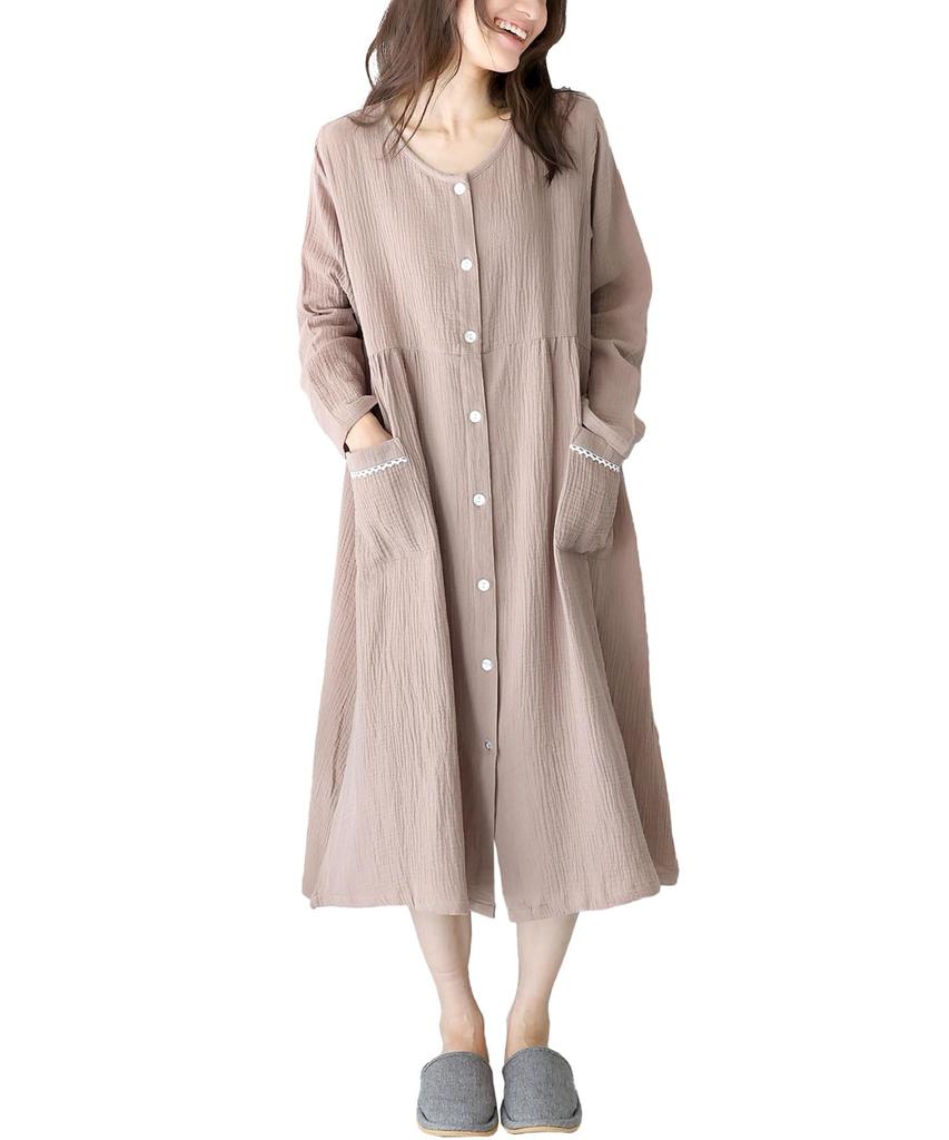 ON NISHIKI Long Sleeve Double Long Loungewear Women's Nightgown, 100% Cotton, Open-Front, Spring/Autumn, Gauze, Skin-Friendly, Length, (Mocha
