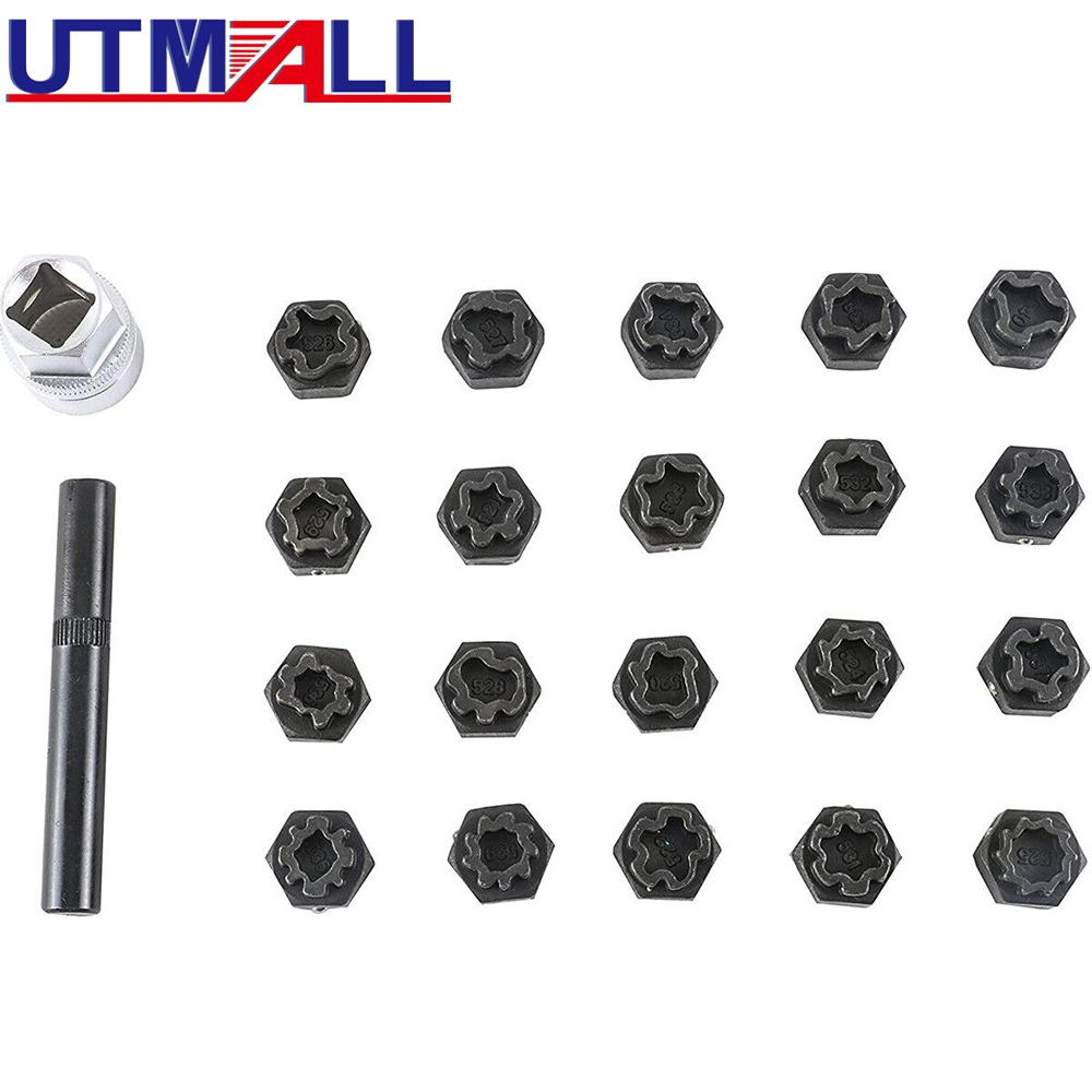 22pcs Wheel Lock Lug Nut Removal Key Socket Set Anti-Theft Screw Kit for VW special keys and a long 1/2" square drive adapter