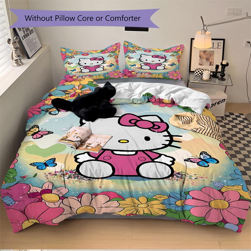 3 шт. Постельное белье с рисунком Hello Kitty и разноцветной ромашкой, 1* Пододеяльник + 2* Наволочки, Постельное белье с принтом, Мягкое и удобное.W034