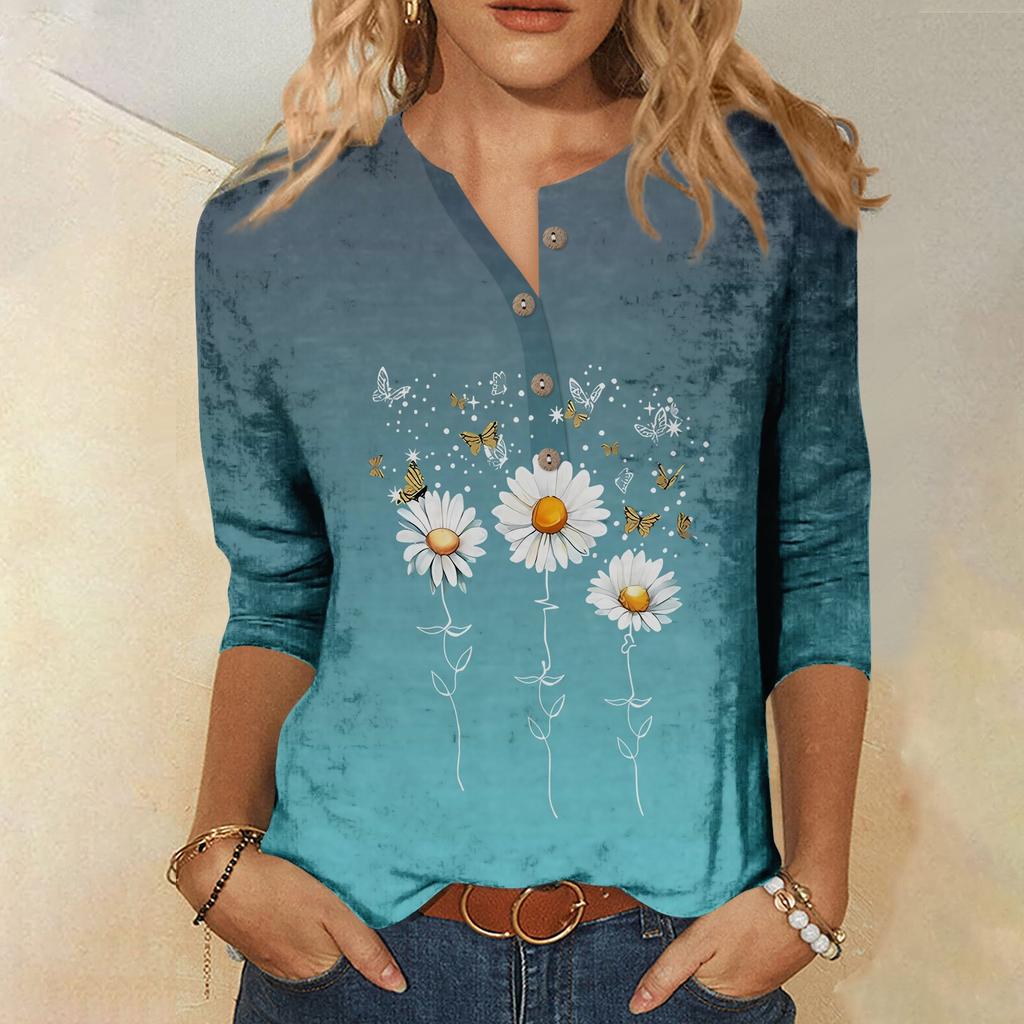 Women's Fashion Floral Print 7/10 Sleeve Loose Round Neck Top