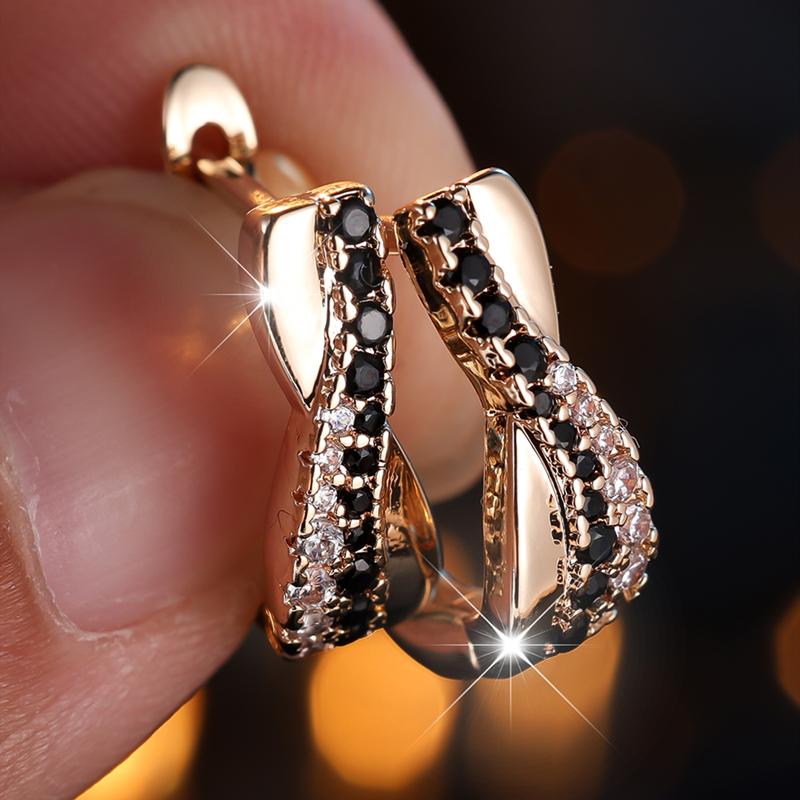 1 Pair Black White Zircon Cross Clip On Earrings for Women Luxury Vintage Gold Color Hoop Earrings Wedding Jewelry