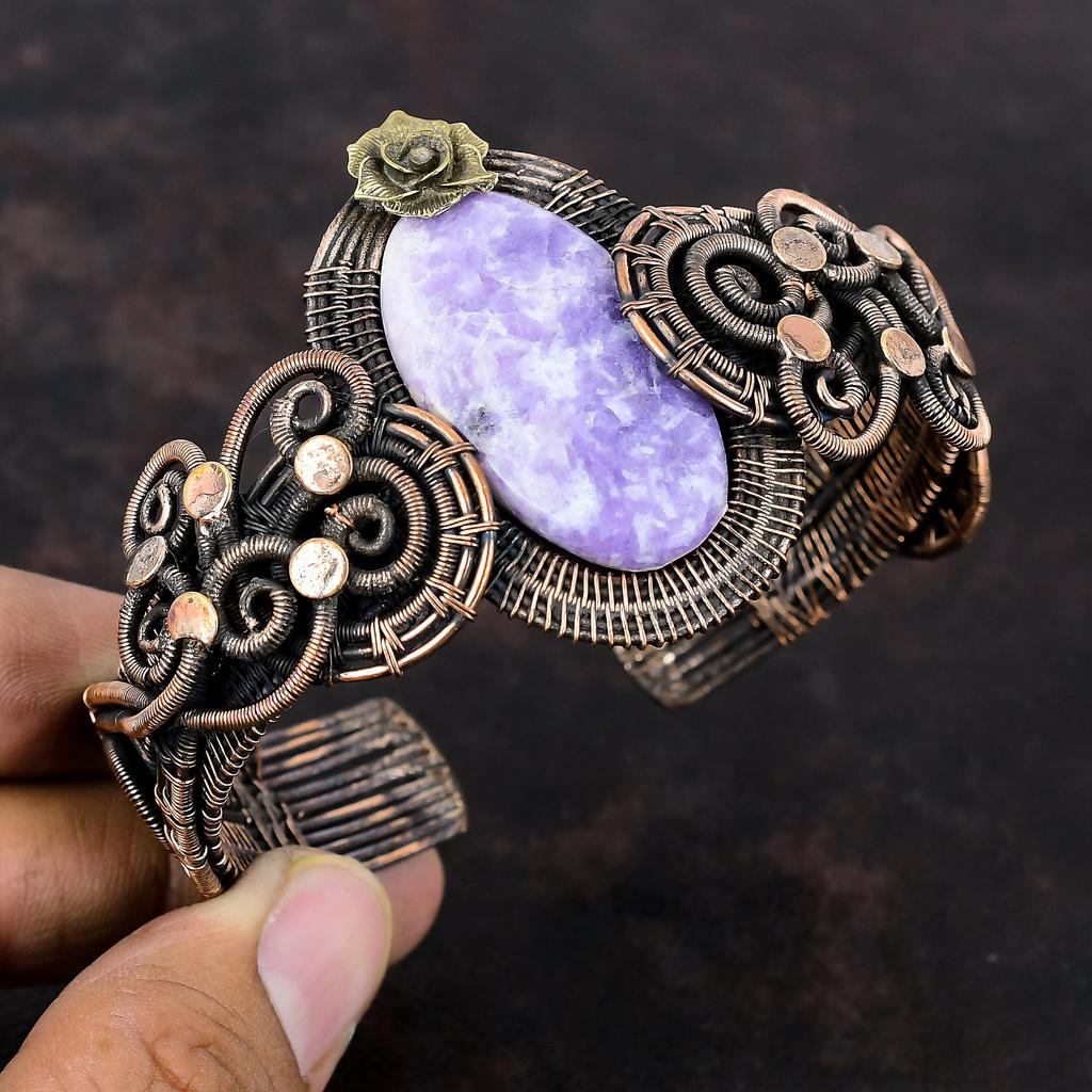 Лепидолитовый браслет, браслет из медной проволоки, регулируемый браслет-манжета, браслет с драгоценными камнями, ювелирные изделия из медной проволоки, цветочная манжета ручной работы, подарок для него