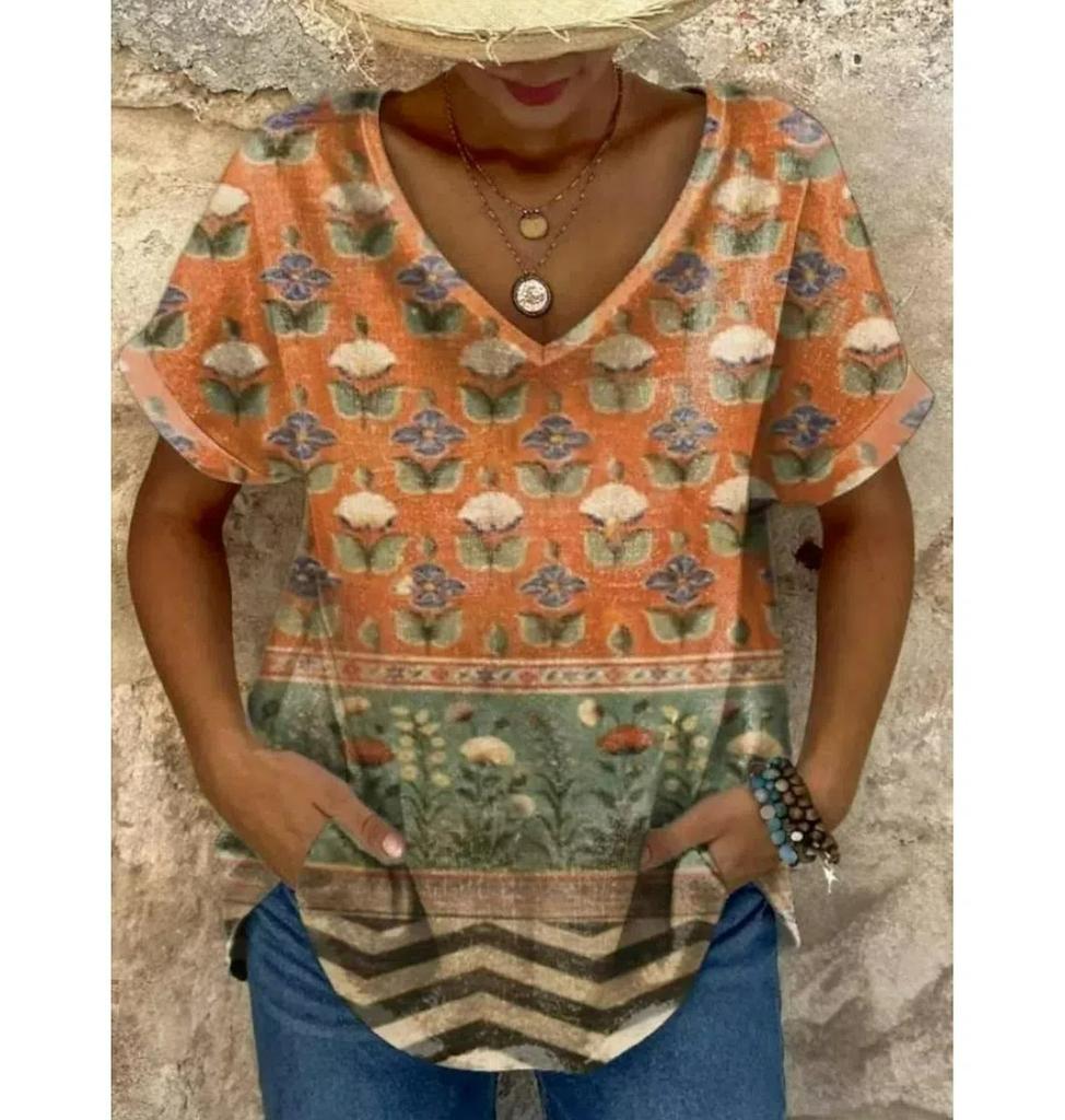 Футболка большого размера для женщин с винтажной цветочной графикой, модные топы с короткими рукавами и V-образным вырезом, летние повседневные футболки для женщин