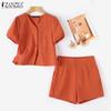 ZANZEA Женская блузка и шорты, повседневный костюм из двух предметов, летний комплект