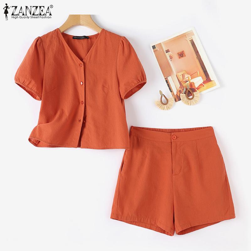 ZANZEA Женская блузка и шорты, повседневный костюм из двух предметов, летний комплект