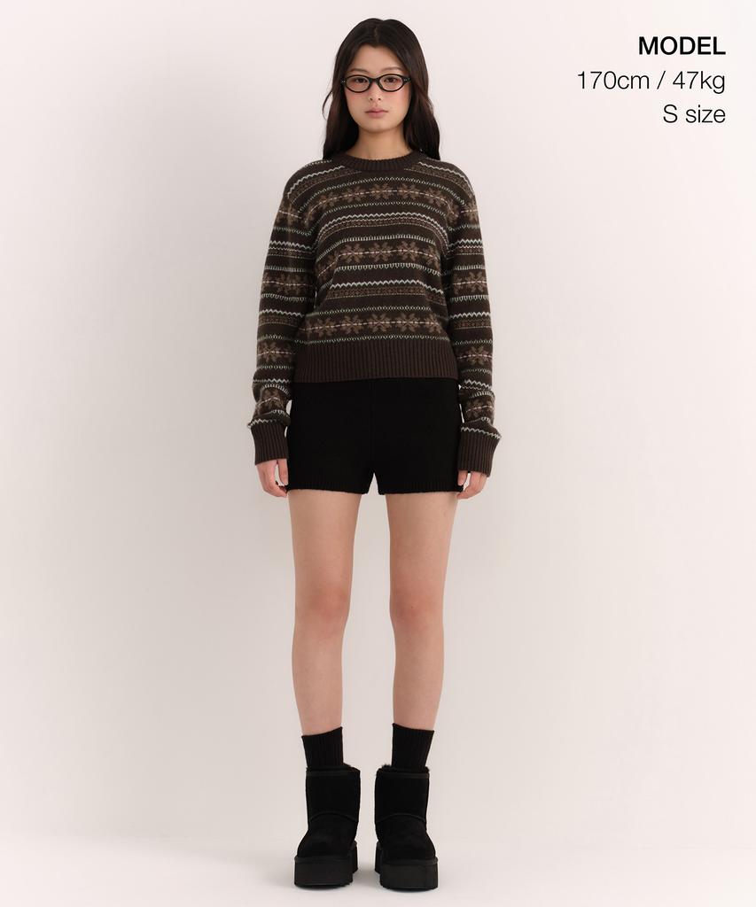 MUSINSA STANDARD WOMAN Женский нордический свитер с узором Fair Isle, круглый вырез [Коричневый]