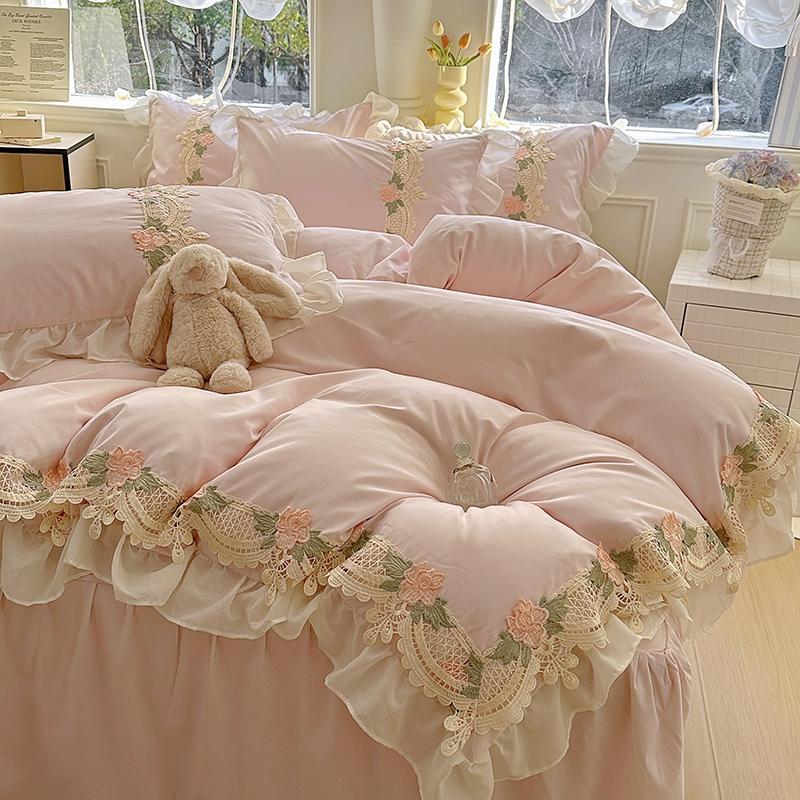 Korean Princess Style Flowers Lace Ruffles Duvet Covers Bed Skirt/Fitted Sheet Pillowcase Bedding For Girls Luxury Home Textiles
