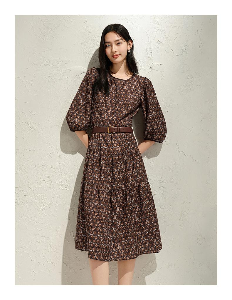 Jiuzi Anna Kou Elegant Maillard Geometric Printed Chiffon Waist Dress for Women, Spring 2025 New Collection