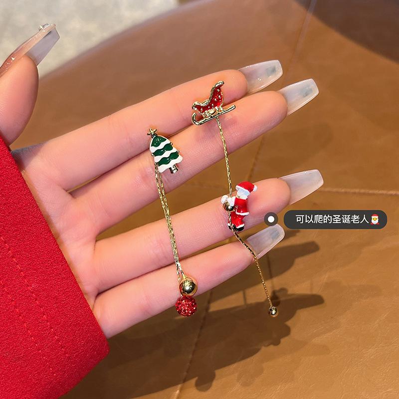 Moving Santa Claus Tassel Dangle Earrings For Women Christmas Tree Snowflake Asymmetric Long Chain Earring New Year Jewelry Gift