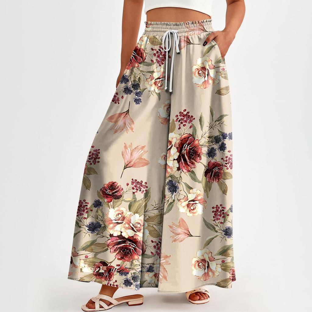 Женские брюки с высокой талией, широкие, повседневные, струящиеся брюки-палаццо, брюки с цветочным принтом и карманом