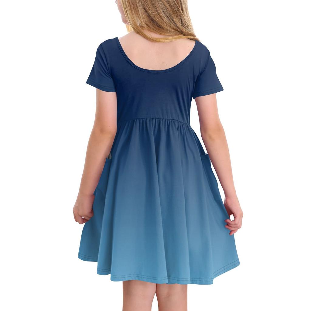 Детская юбка с круглым вырезом и коротким рукавом, платье принцессы, модное повседневное платье с карманами для девочек