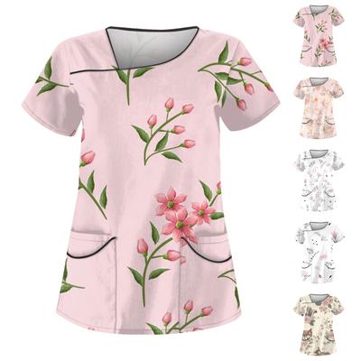 Женская повседневная рабочая одежда с короткими рукавами и принтом, топ с двойным карманом