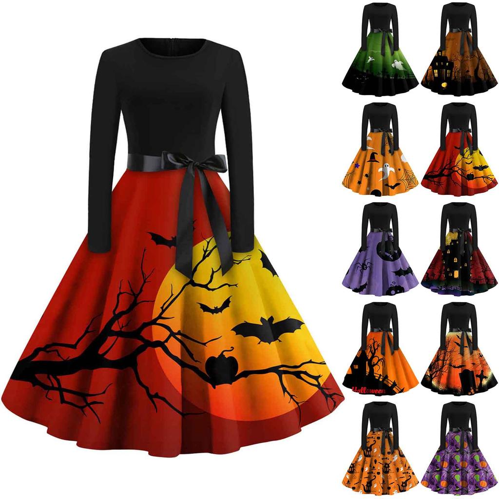 Women's Fashion Round Neck Casual Slim Fit Halloween Printed Long Sleeve Dress
