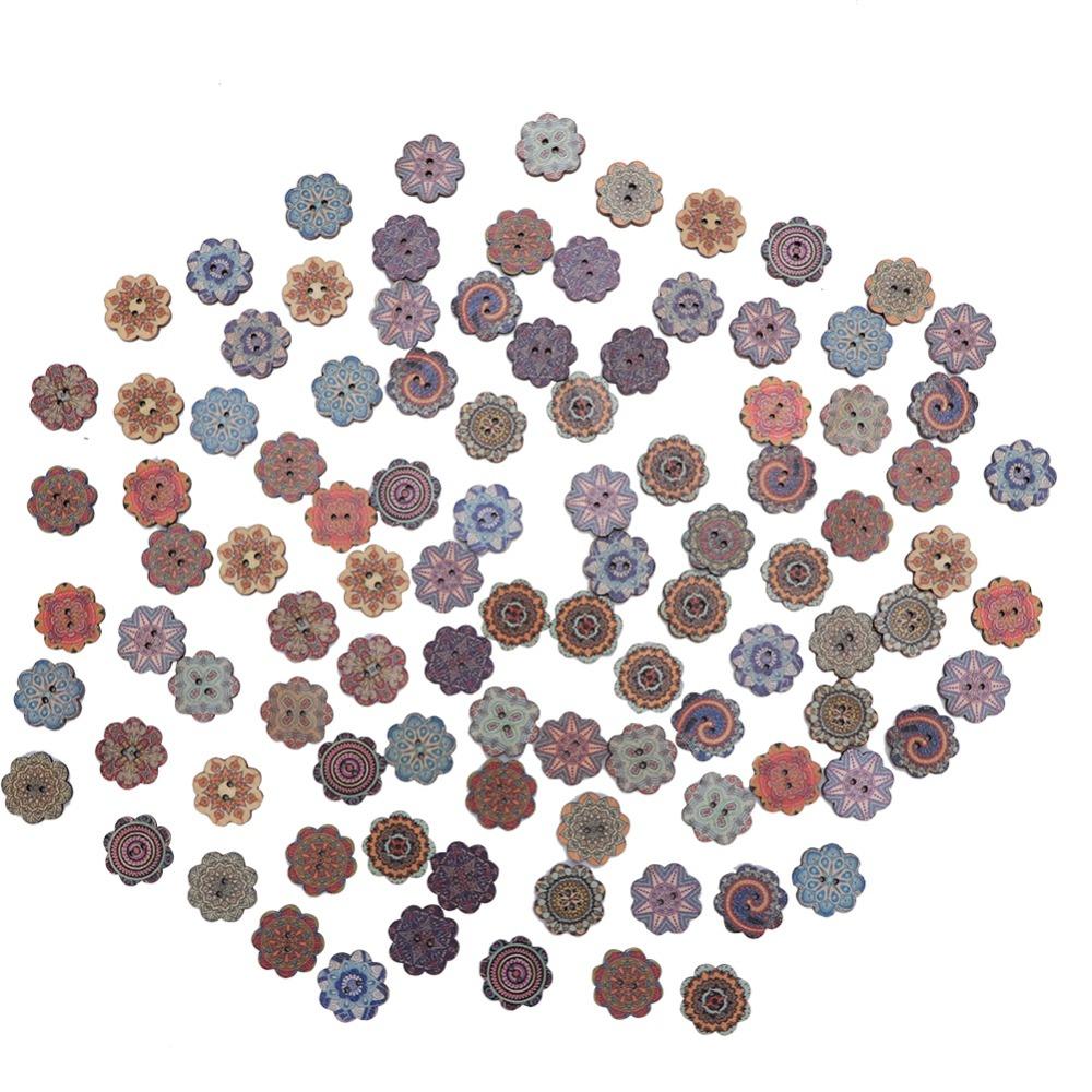 100pcs Mixed Pattern Wooden Buttons 2 Holes DIY Craft Buttons For Sewing Craft