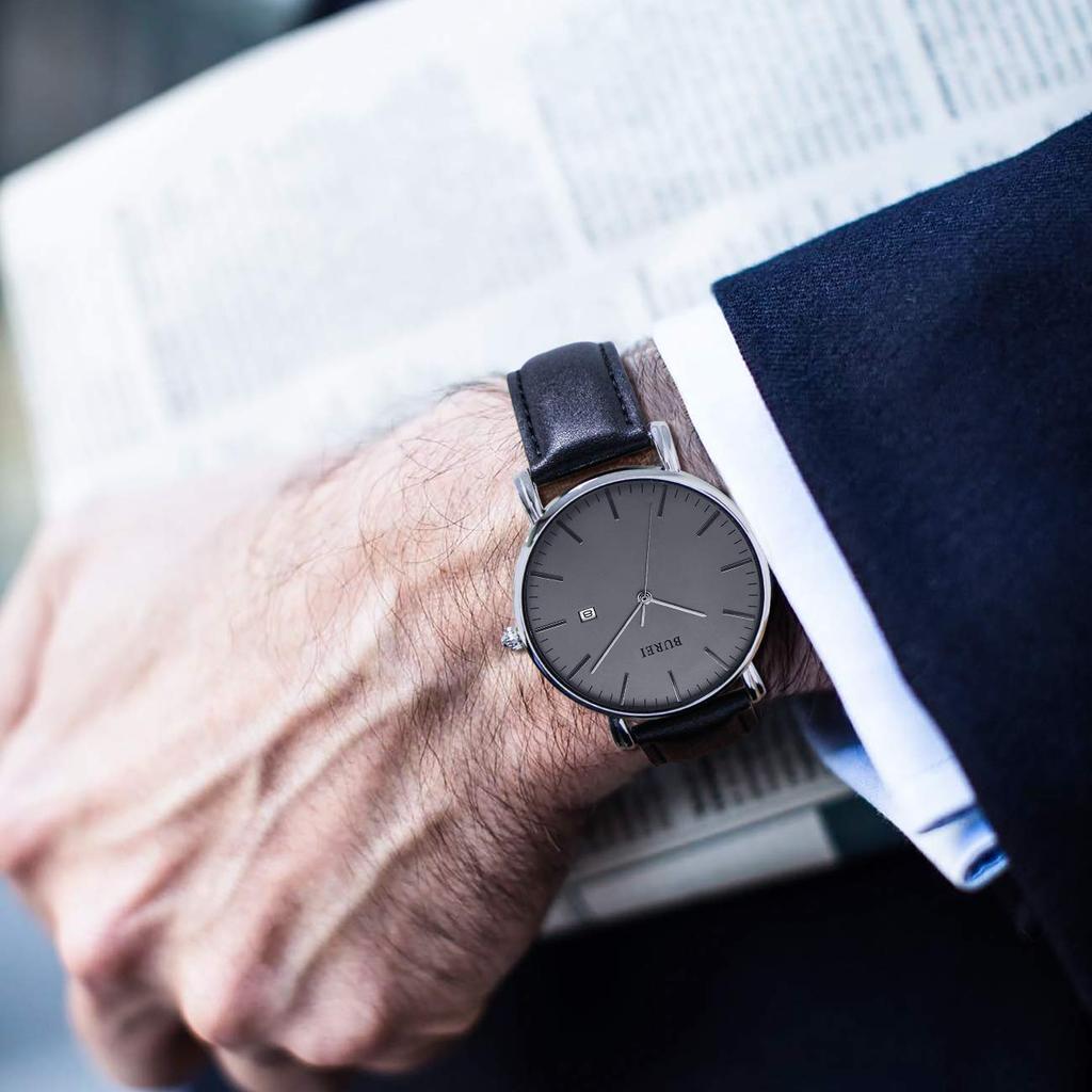 BUREI Men's Slim Watch, Popular and Stylish, Date Display, Large Dial, Analog Quartz Movement, Simple Design, Waterproof, Black Leather, Imported