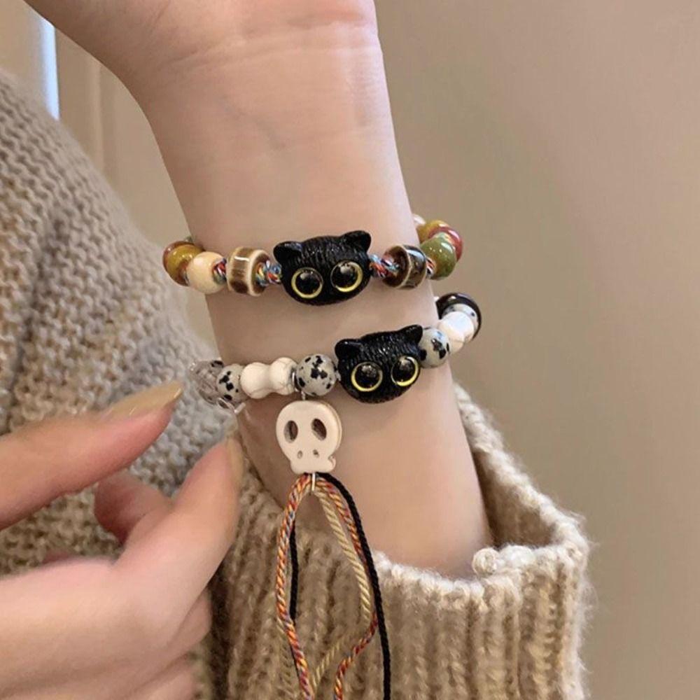 Skull Cat Black Cat Bracelet Colorful String Cartoon Hand Ring Cute Handmade Bead Bracelet  Gift