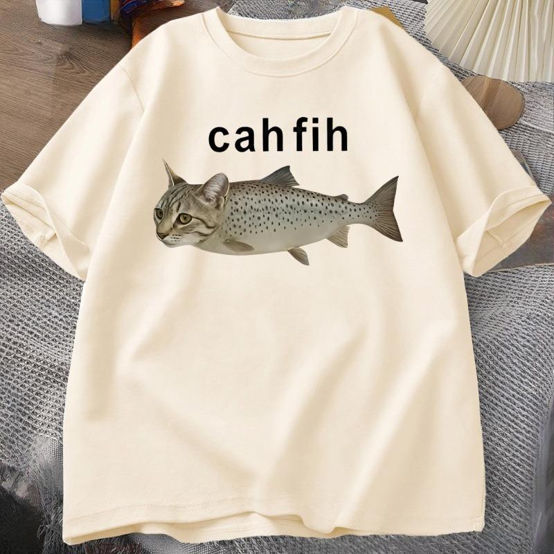 Cah Fih TShirt Fih Funny Mispelled Fish Meme T Shirt Cat and Fish Graphic Humor Tshirt Casual Cotton Short Sleeve Clothes Tops