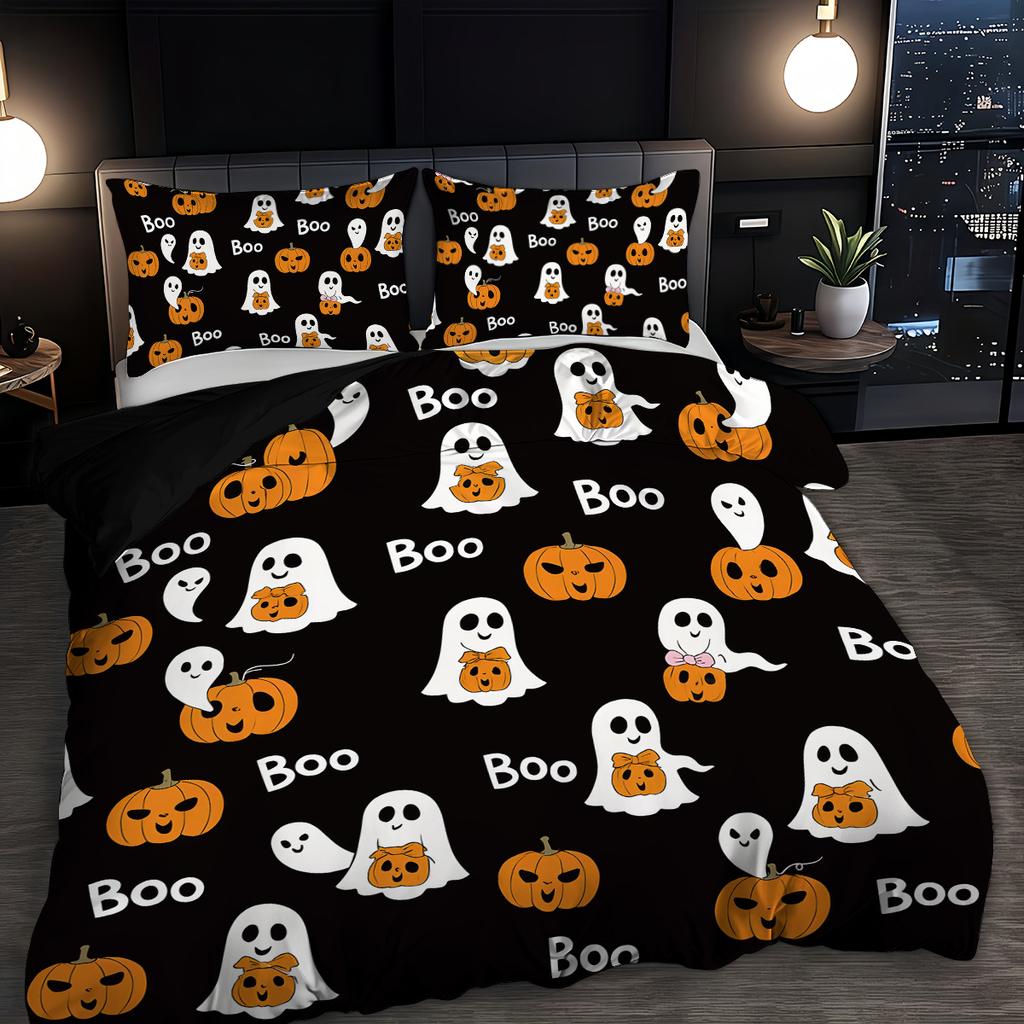 3-piece Halloween themed black cute ghost pattern duvet cover set 1 duvet cover+2 pillowcases coreless
