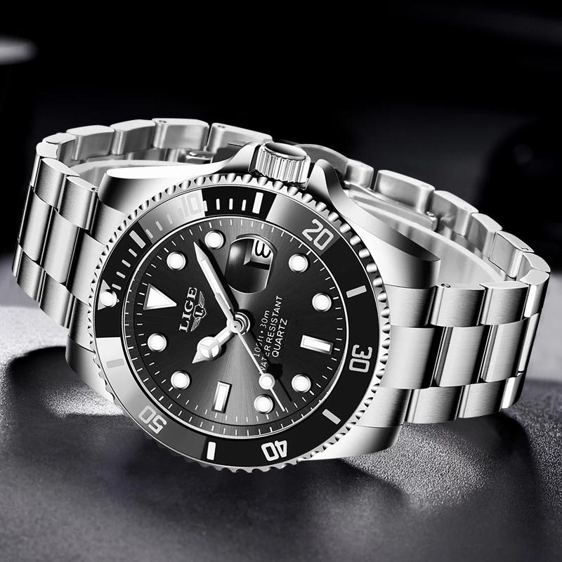 LIGE Fashion Men Watch Top Brand Luxury Stainless Steel Watches Waterproof Luminous Quartz Wristwatch