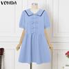 Summer Women Lapel Neck Short Sleeve Stitching Patchwork Bow Knot Casual Dress