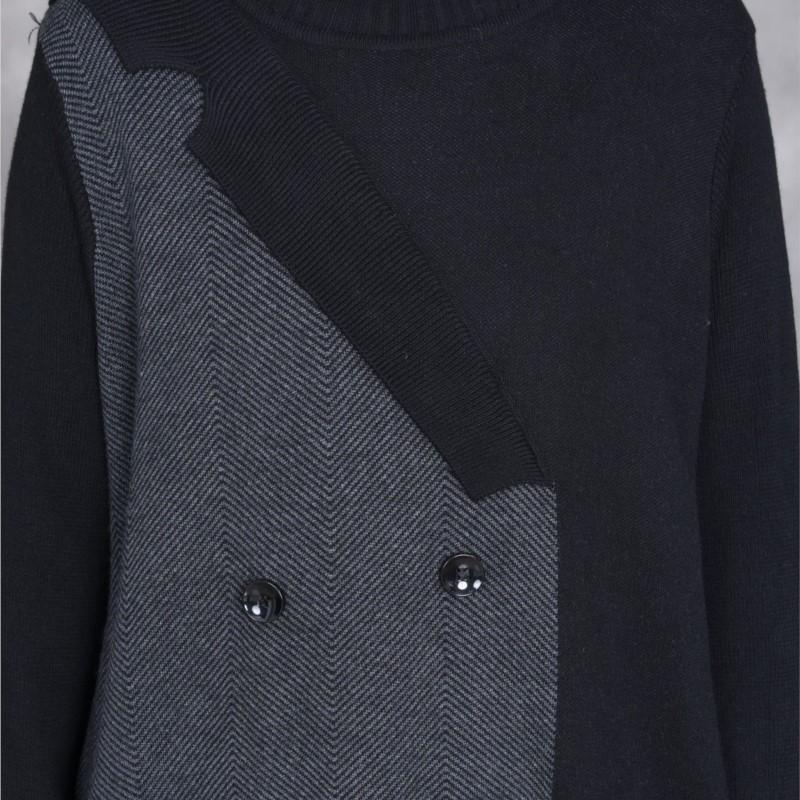 Johnature Woman Winter Neck Long Sleeves Knit Dress Niche Contrast Devise Fashion Personality Dress