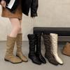 Ботинки на меху женские ботинки 2025 новая весна и осень ретро, но до колена тонкие однотонные на толстом каблуке рыцарские сапоги