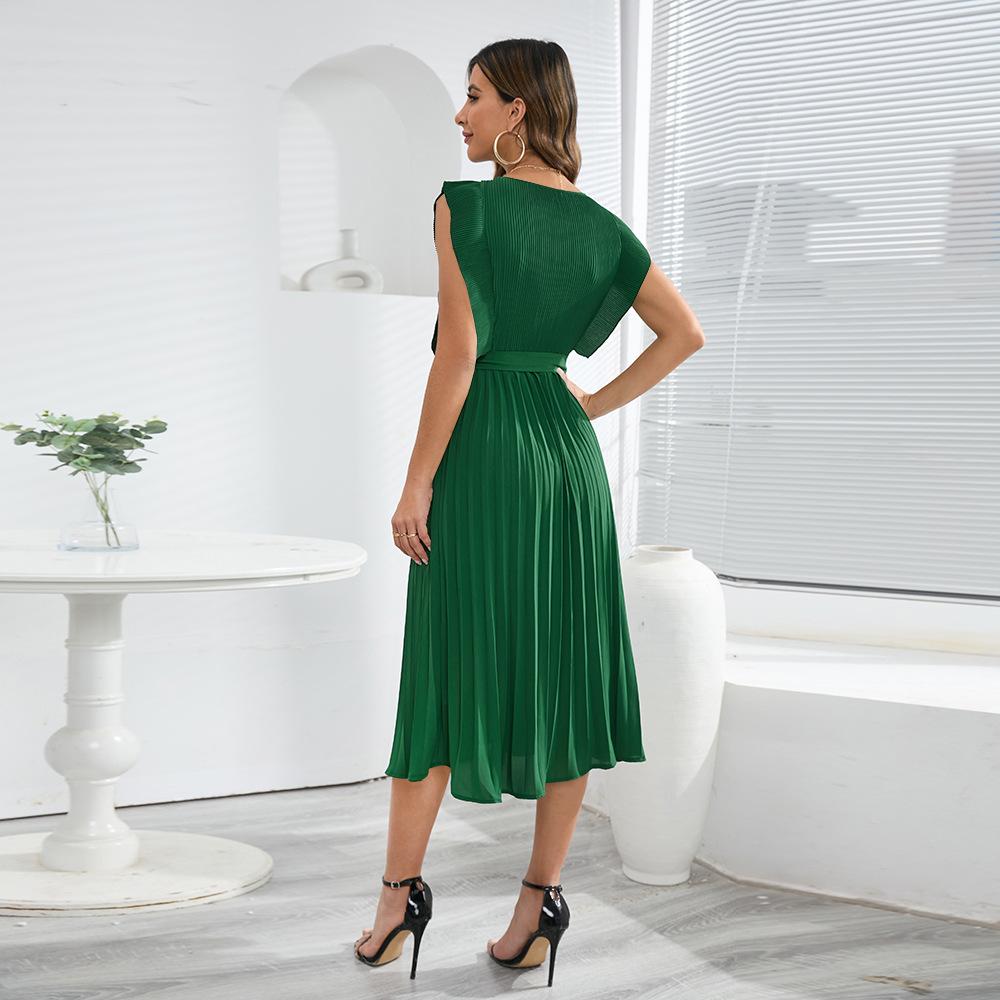 Летние плиссированные однотонные платья с рюшами и рукавами