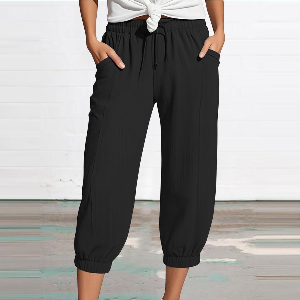 Women's Summer 3/4 Trousers Summer Trousers With Pockets Causal Loose Trousers Fabric Trousers Sport Leisure Beach Trousers