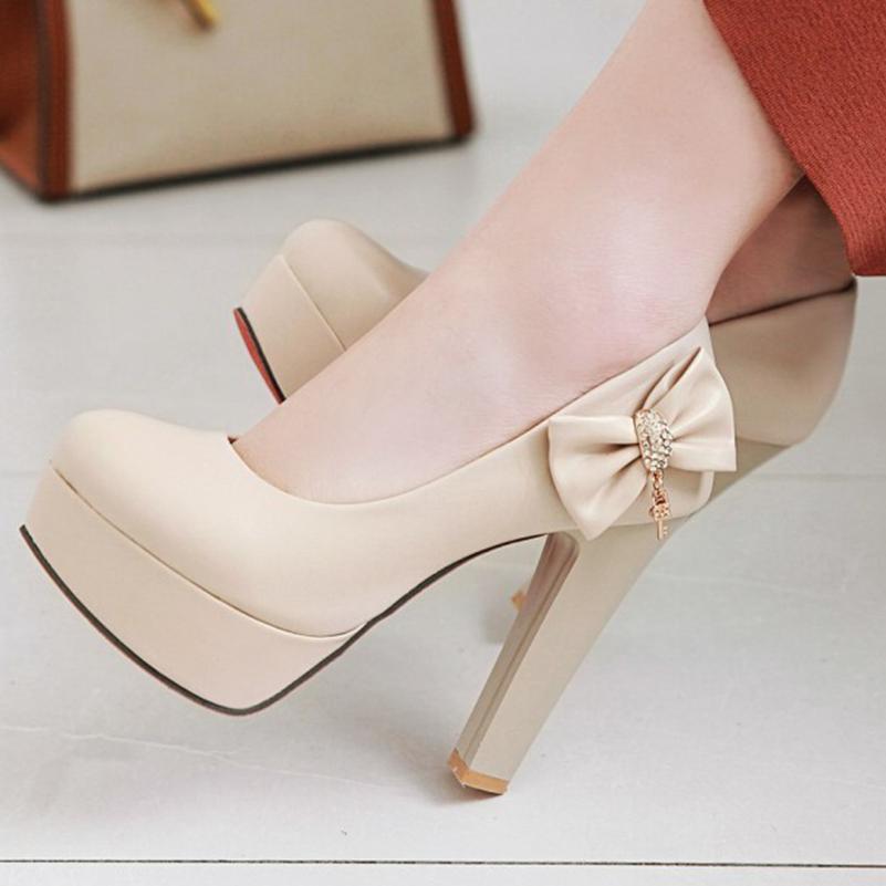 Женские туфли-лодочки из искусственной кожи на платформе, на очень высоком каблуке, с круглым носком и бантом, милые вечерние весенне-осенние туфли черного, белого, бежевого цвета